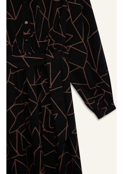 A Kesim Fiyonk Yaka Desenli Belmando Uzun Kollu Maxi Elbise D5948AX24WN