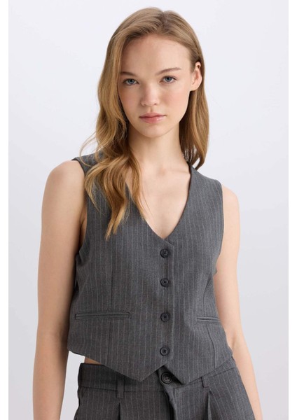 Regular Fit Blazer Yelek Crop Basic Düz Düğmeli Z8526AZ24AU