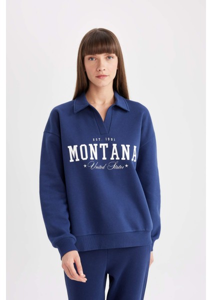 Relax Fit Polo Yaka Baskılı Kalın Sweatshirt D5296AX24AU