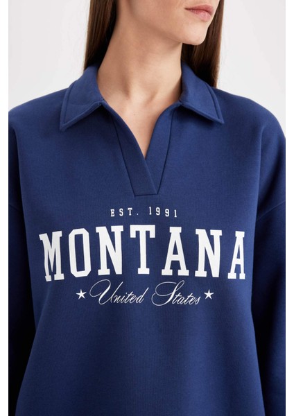 Relax Fit Polo Yaka Baskılı Kalın Sweatshirt D5296AX24AU