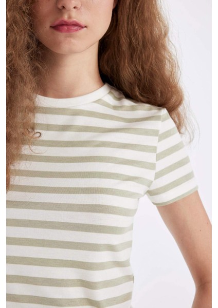 Fitted Vücuda Oturan Bisiklet Yaka Çizgili Kısa Kollu Tişört D5324AX24AU