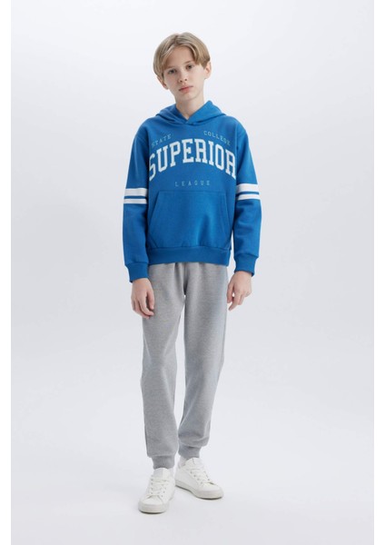 Erkek Çocuk 2'li Takım Kalın Kapüşonlu Baskılı Sweatshirt Beli Lastikli Eşofman Altı D3565A824WN