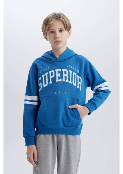 Erkek Çocuk 2'li Takım Kalın Kapüşonlu Baskılı Sweatshirt Beli Lastikli Eşofman Altı D3565A824WN