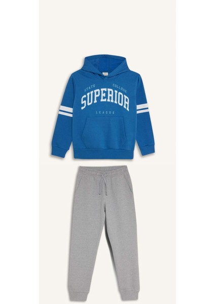 Erkek Çocuk 2'li Takım Kalın Kapüşonlu Baskılı Sweatshirt Beli Lastikli Eşofman Altı D3565A824WN