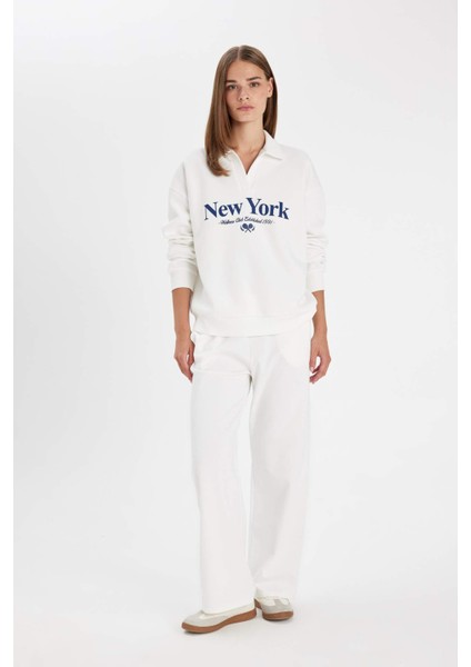 Relax Fit Polo Yaka Baskılı Kalın Sweatshirt D5295AX24AU