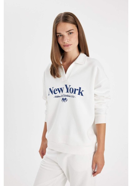 Relax Fit Polo Yaka Baskılı Kalın Sweatshirt D5295AX24AU