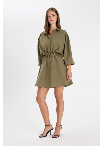 Gömlek Yaka Beli Büzgülü Bağcıklı Basic Düz Modal Yarasa Kollu Mini Siyah Elbise C4472AX24AU