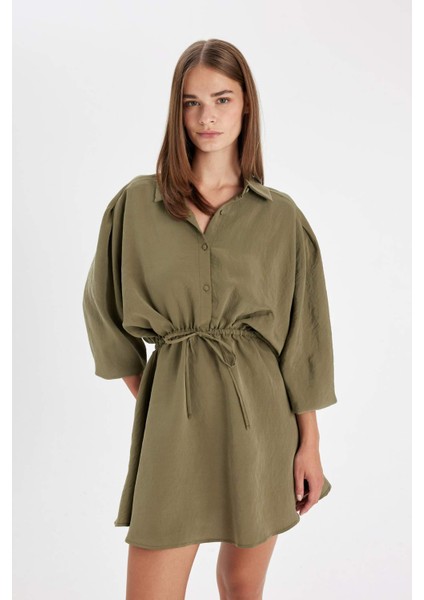 Gömlek Yaka Beli Büzgülü Bağcıklı Basic Düz Modal Yarasa Kollu Mini Siyah Elbise C4472AX24AU