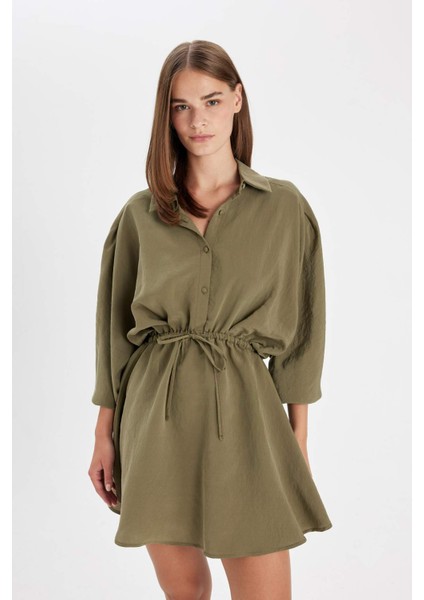 Gömlek Yaka Beli Büzgülü Bağcıklı Basic Düz Modal Yarasa Kollu Mini Siyah Elbise C4472AX24AU