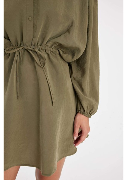 Gömlek Yaka Beli Büzgülü Bağcıklı Basic Düz Modal Yarasa Kollu Mini Siyah Elbise C4472AX24AU