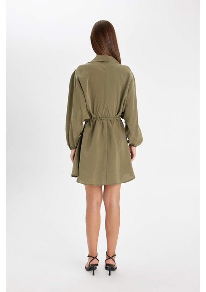 Gömlek Yaka Beli Büzgülü Bağcıklı Basic Düz Modal Yarasa Kollu Mini Siyah Elbise C4472AX24AU