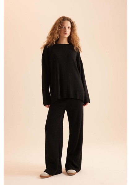 Relax Fit 2'li Takım Triko Bisiklet Yaka Kazak Geniş Paça Pantolon D5232AXNS