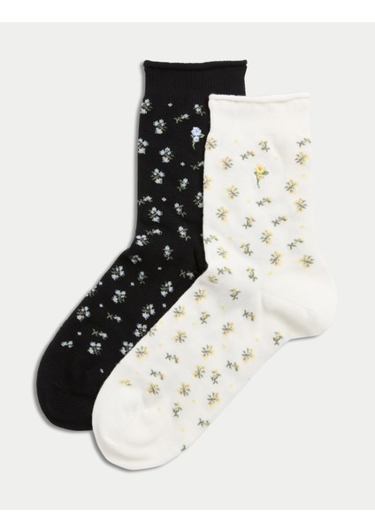2'li Pamuk Karışımlı Çiçek Desenli Bilek Boyu Çorap modelleri