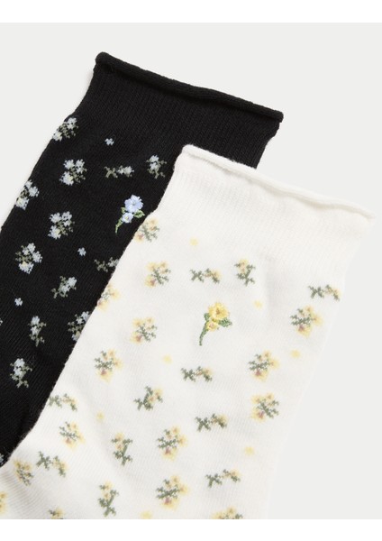 2'li Pamuk Karışımlı Çiçek Desenli Bilek Boyu Çorap fırsatları