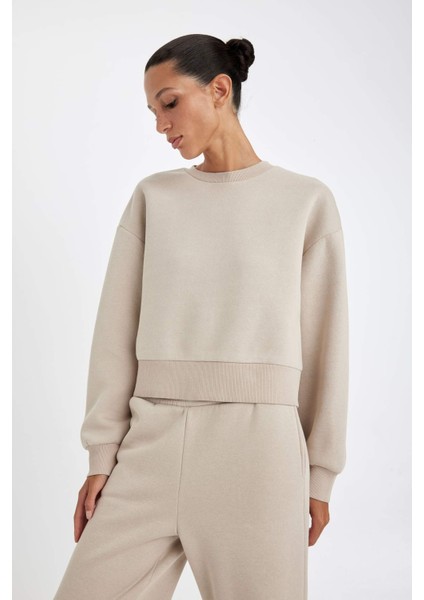 Boxy Fit Bisiklet Yaka Kalın Basic Düz Sweatshirt B8568AX24WN