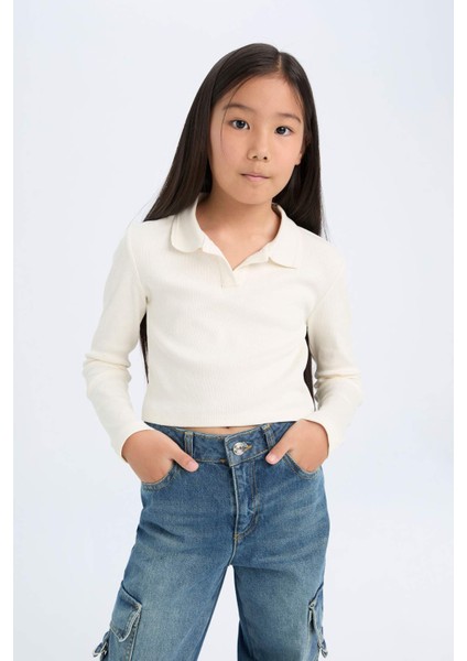Kız Çocuk Cropped Fit Polo Yaka Basic Düz Fitilli Kaşkorse Uzun Kollu Tişört D3367A824AU