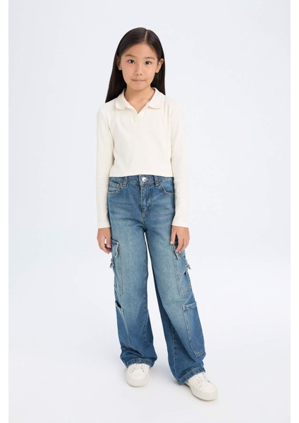 Kız Çocuk Cropped Fit Polo Yaka Basic Düz Fitilli Kaşkorse Uzun Kollu Tişört D3367A824AU