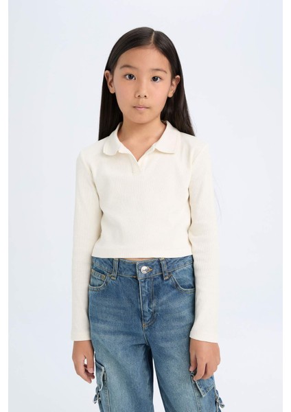 Kız Çocuk Cropped Fit Polo Yaka Basic Düz Fitilli Kaşkorse Uzun Kollu Tişört D3367A824AU