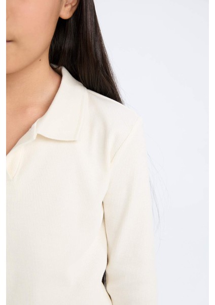 Kız Çocuk Cropped Fit Polo Yaka Basic Düz Fitilli Kaşkorse Uzun Kollu Tişört D3367A824AU