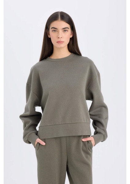 Boxy Fit Bisiklet Yaka Kalın Basic Düz Sweatshirt B8568AX24WN