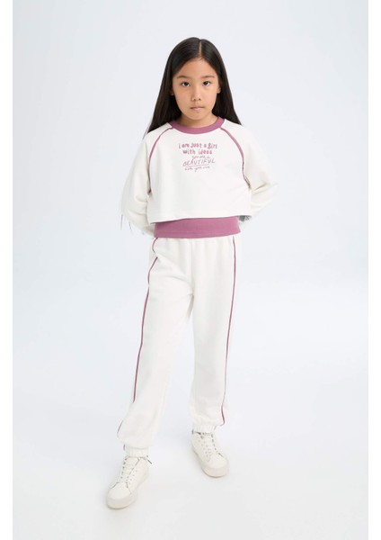 Kız Çocuk 3'lü Takım Bisiklet Yaka Baskılı Crop Sweatshirt Basic Düz Atlet Beli Lastikli Jogger Eşofman Altı D4067A824WN