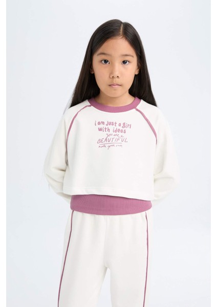 Kız Çocuk 3'lü Takım Bisiklet Yaka Baskılı Crop Sweatshirt Basic Düz Atlet Beli Lastikli Jogger Eşofman Altı D4067A824WN