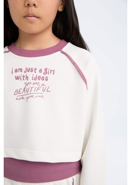 Kız Çocuk 3'lü Takım Bisiklet Yaka Baskılı Crop Sweatshirt Basic Düz Atlet Beli Lastikli Jogger Eşofman Altı D4067A824WN