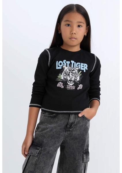 Kız Çocuk Cropped Fit Bisiklet Yaka Baskılı Fitilli Kaşkorse Uzun Kollu Tişört