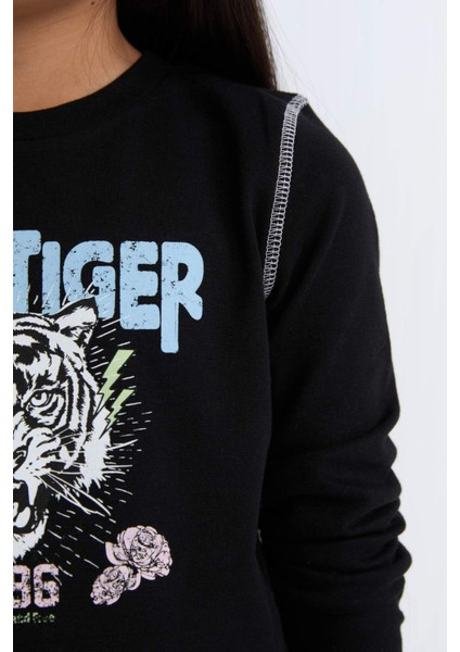 Kız Çocuk Cropped Fit Bisiklet Yaka Baskılı Fitilli Kaşkorse Uzun Kollu Tişört