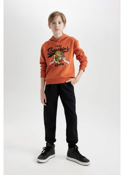 Erkek Çocuk 2'li Takım Kaplan Baskılı Kapüşonlu Sweatshirt Beli Lastikli Jogger Eşofman Altı D3559A824WN