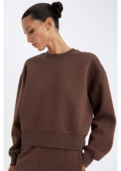 Boxy Fit Bisiklet Yaka Kalın Basic Düz Sweatshirt B8568AX24WN