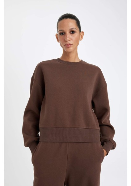 Boxy Fit Bisiklet Yaka Kalın Basic Düz Sweatshirt B8568AX24WN