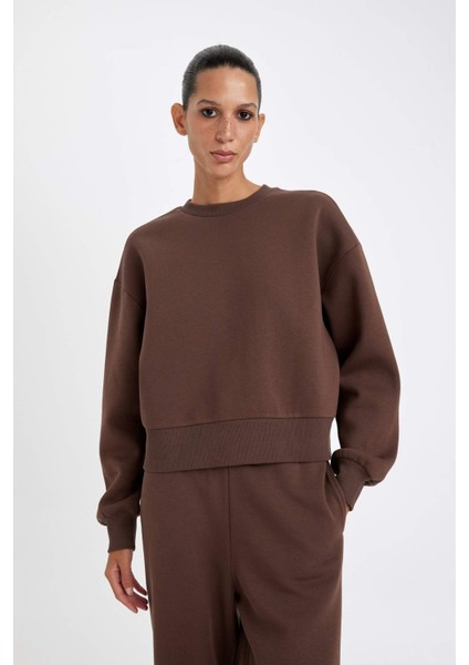 Boxy Fit Bisiklet Yaka Kalın Basic Düz Sweatshirt B8568AX24WN