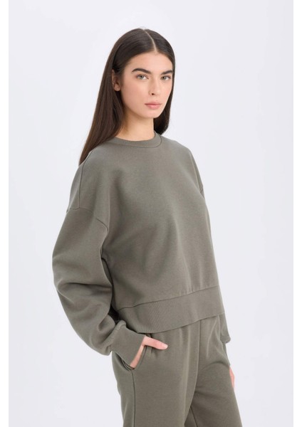 Boxy Fit Bisiklet Yaka Kalın Basic Düz Sweatshirt B8568AX24WN