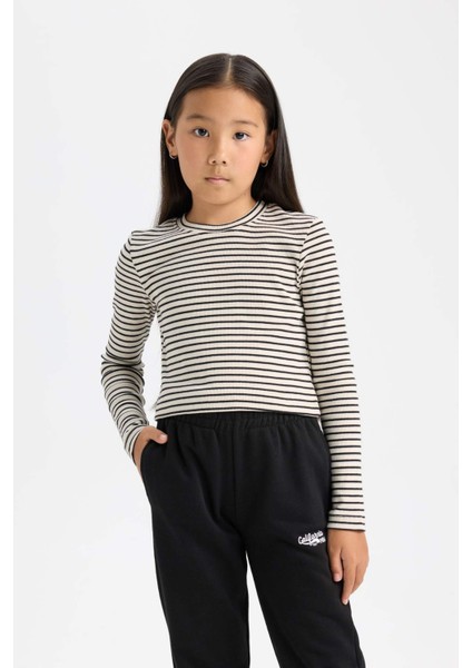 Kız Çocuk Cropped Fit Polo Yaka Çizgili Fitilli Kaşkorse Uzun Kollu Tişört