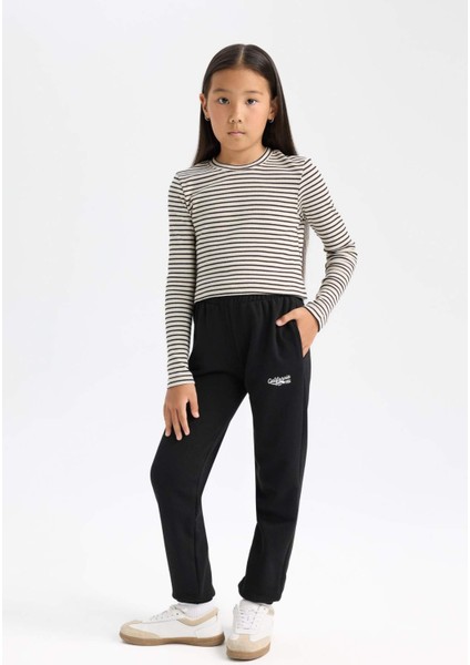 Kız Çocuk Cropped Fit Polo Yaka Çizgili Fitilli Kaşkorse Uzun Kollu Tişört