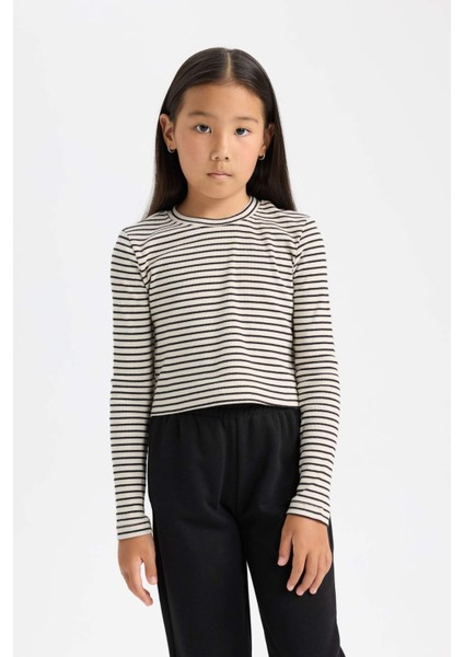 Kız Çocuk Cropped Fit Polo Yaka Çizgili Fitilli Kaşkorse Uzun Kollu Tişört