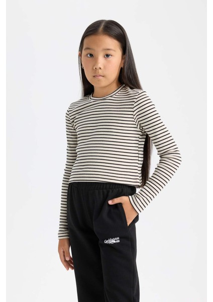 Kız Çocuk Cropped Fit Polo Yaka Çizgili Fitilli Kaşkorse Uzun Kollu Tişört