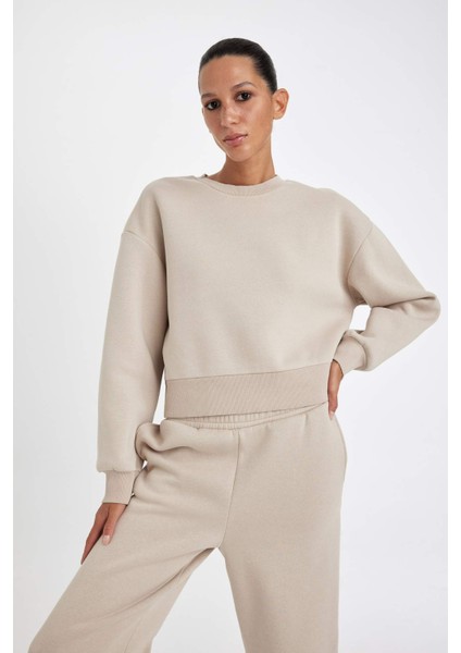 Boxy Fit Bisiklet Yaka Kalın Basic Düz Sweatshirt B8568AX24WN