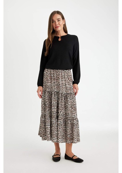Kloş Beli Lastikli Leopar Desenli Kiloş Maxi Etek D5328AX24AU