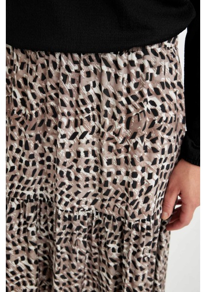 Kloş Beli Lastikli Leopar Desenli Kiloş Maxi Etek D5328AX24AU