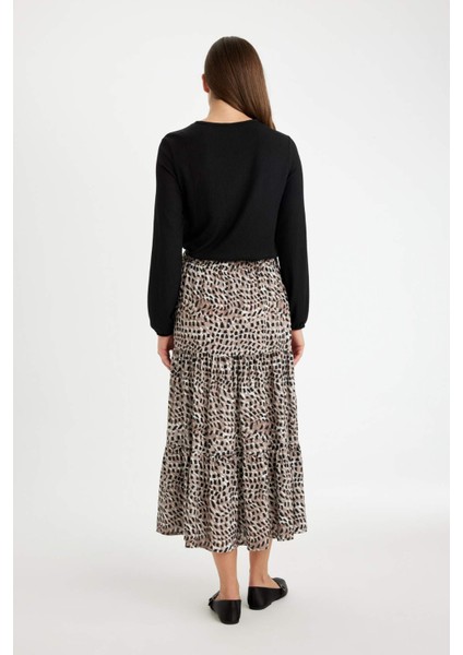 Kloş Beli Lastikli Leopar Desenli Kiloş Maxi Etek D5328AX24AU