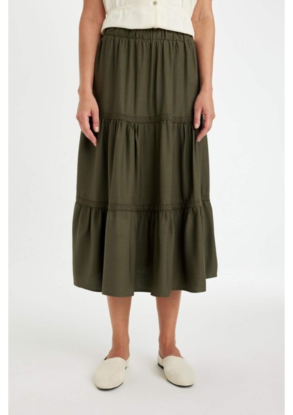 Regular Fit Beli Lastikli Belmando Kiloş Midi Etek