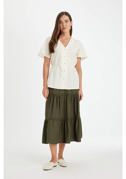 Regular Fit Beli Lastikli Belmando Kiloş Midi Etek