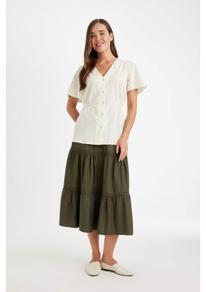 Regular Fit Beli Lastikli Belmando Kiloş Midi Etek