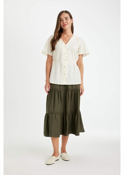 Regular Fit Beli Lastikli Belmando Kiloş Midi Etek