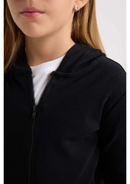 Kız Çocuk Kapüşonlu Fitilli Kaşkorse Fermuarlı Sweatshirt D3350A824AU