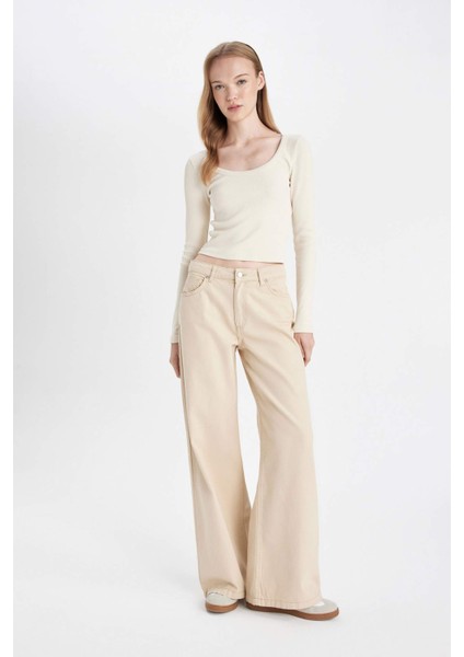 Gabardin Bej Pantolon Wide Leg Geniş Bol Paça Normal Bel Basic Düz D3766AX24AU