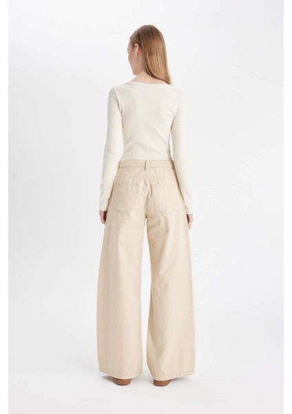 Gabardin Bej Pantolon Wide Leg Geniş Bol Paça Normal Bel Basic Düz D3766AX24AU