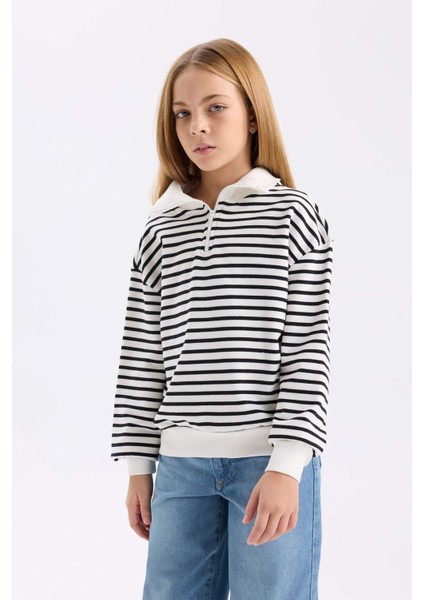 Kız Çocuk Oversize Geniş Kalıp Yarım Fermuarlı Çizgili Sweatshirt D2883A824WN